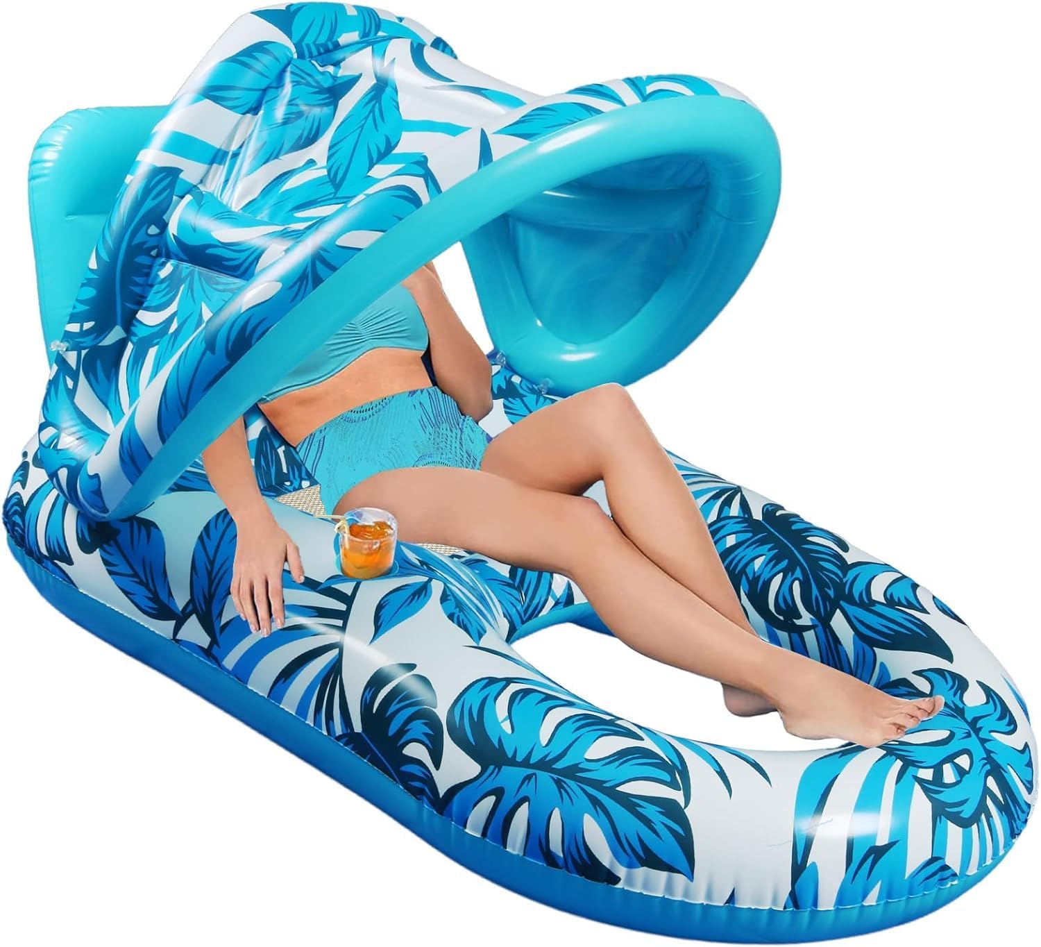 Adventure Lab Inflatable Pool Lounger with Sunshade & Cup Holder – Large Floating Pool Chair for Adults & Kids, Tropical Inflatable Pool Float Raft for Swimming Pool, Beach & Summer Water Party